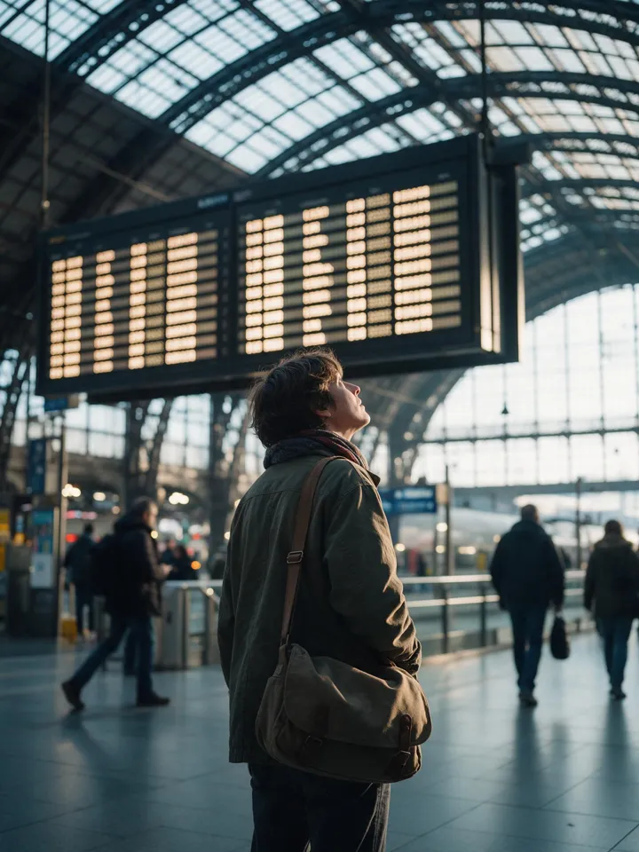 Reading the departure board.